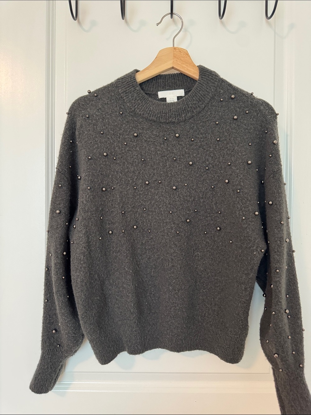 H&M Women's Gray Pearl-Embellished Crewneck Sweater